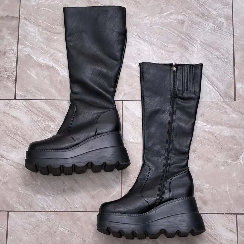 Demonia Shaker-100 Vegan Leather Platform Knee High Boots